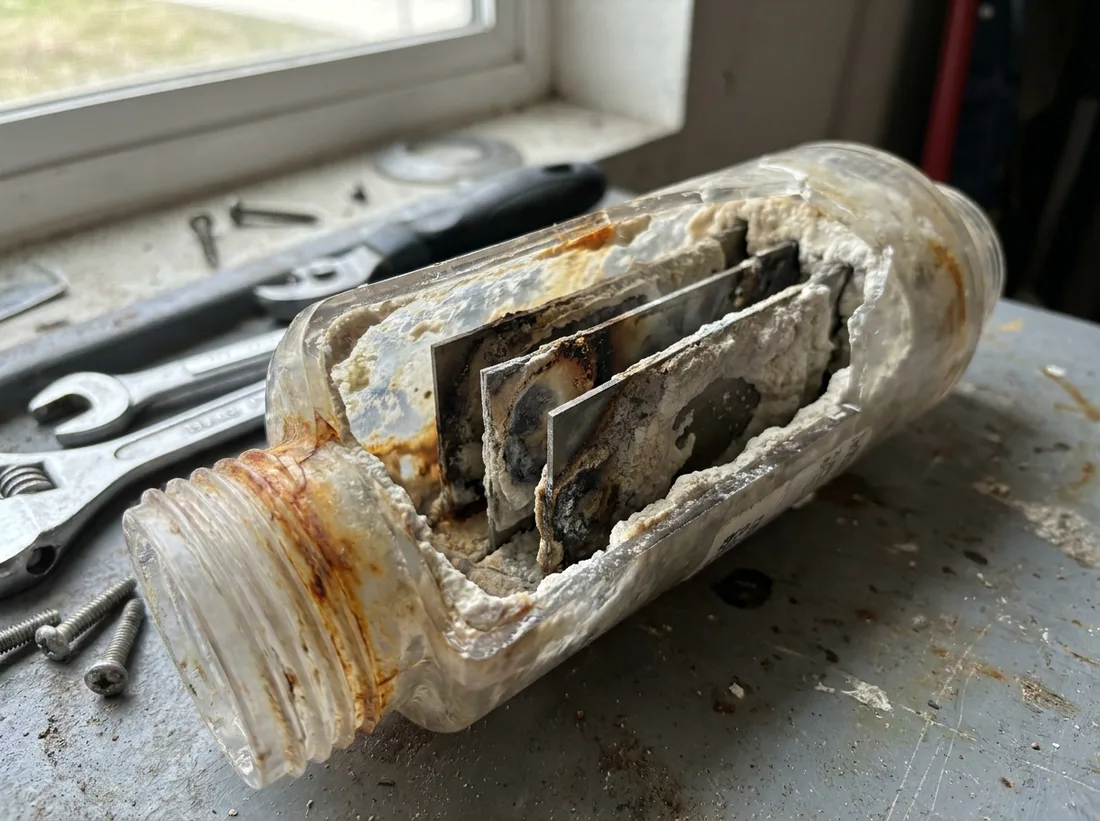 A failed salt chlorinator cell, its electrode plates scaled and burnt, removed from a pool system