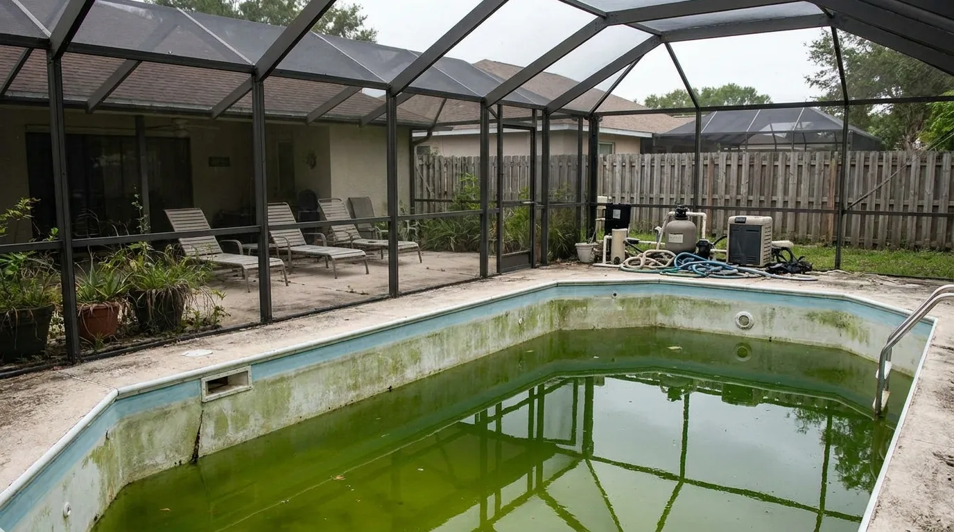 A screened backyard pool turned green and cloudy after its chlorinator stopped sanitizing
